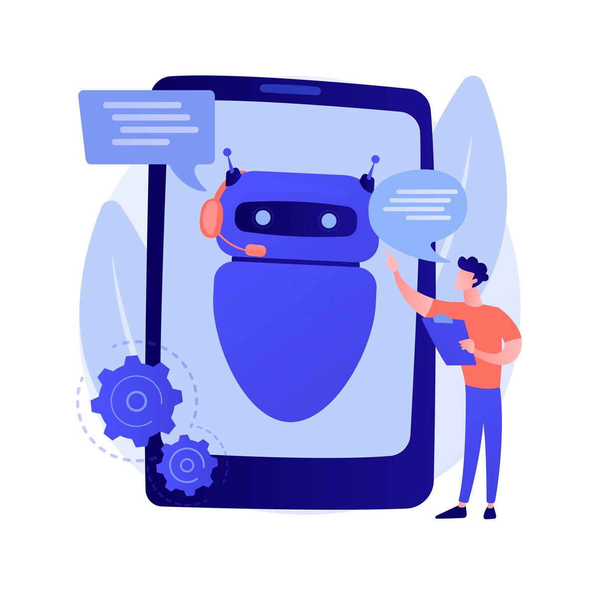 A support chatbot with a headset on a phone screen, and a person with a tablet reviewing its replies