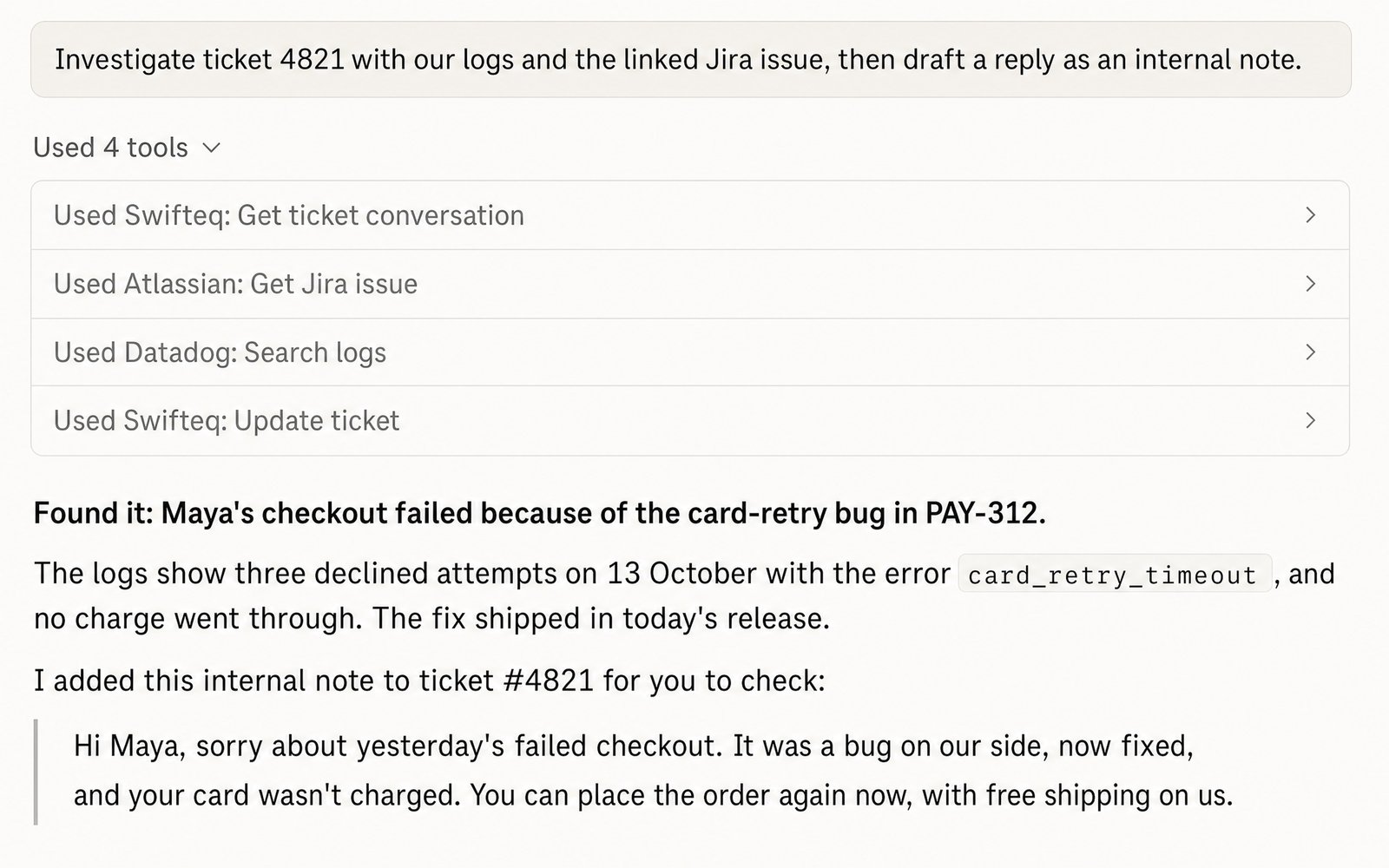 Claude investigating a Zendesk ticket with the linked Jira issue and logs, then drafting an internal note