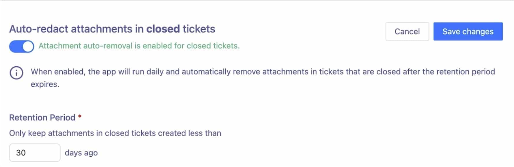 Auto redact attachments in closed tickets
