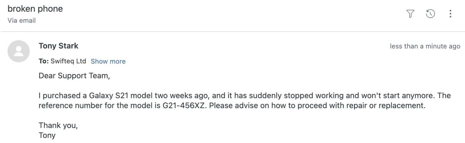 Customer email in Zendesk with a model number and name