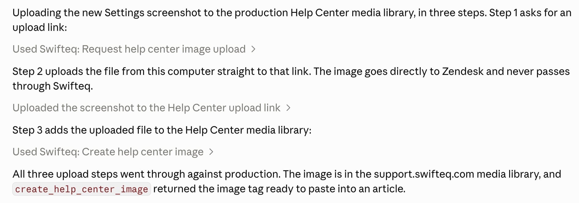 The three upload steps: request an upload link, upload the file, add it to the media library